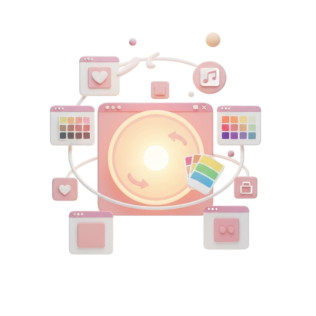 3D illustration showing a friendly design workspace with floating color palettes and layout tiles