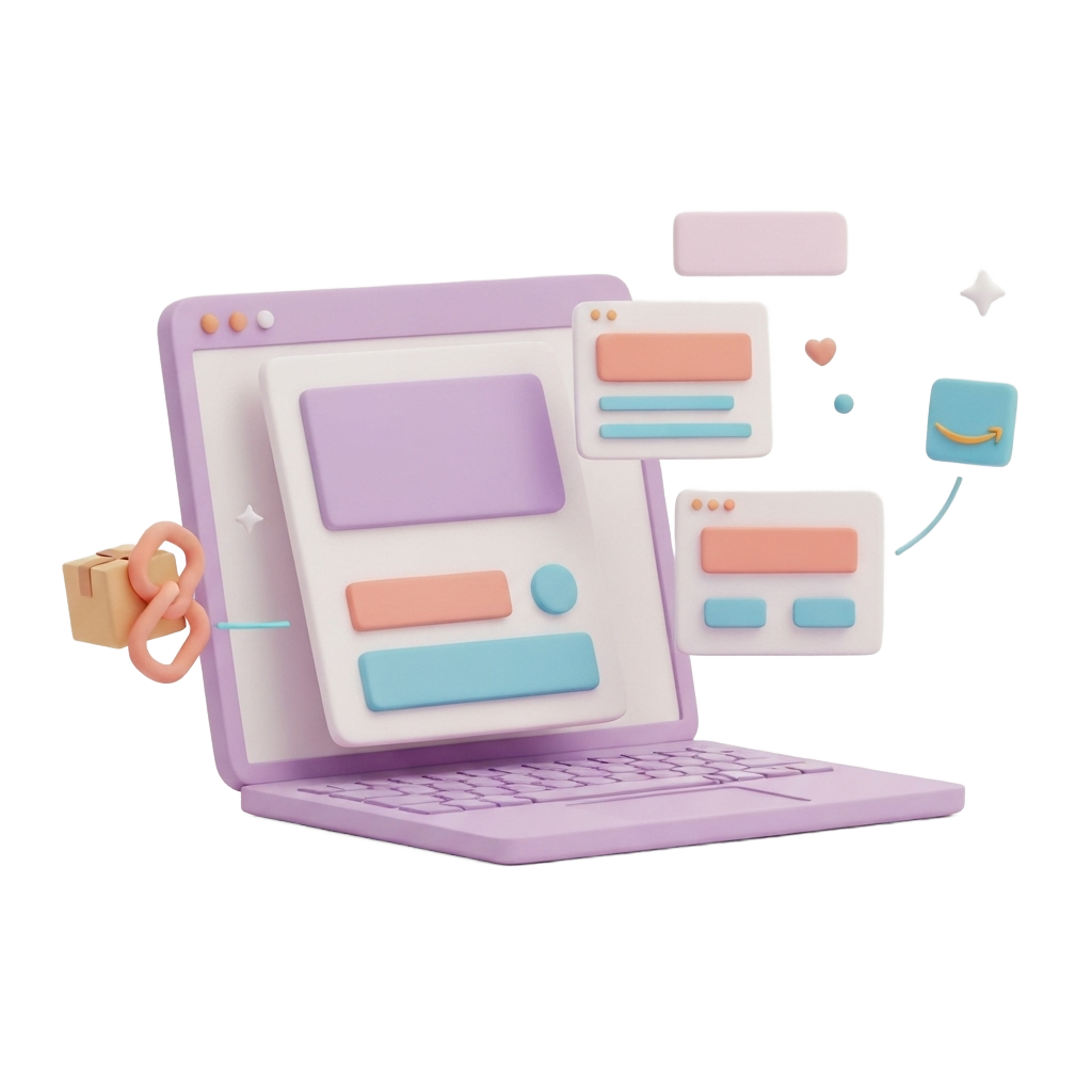 3D illustration showing instant website setup with floating UI elements assembling automatically