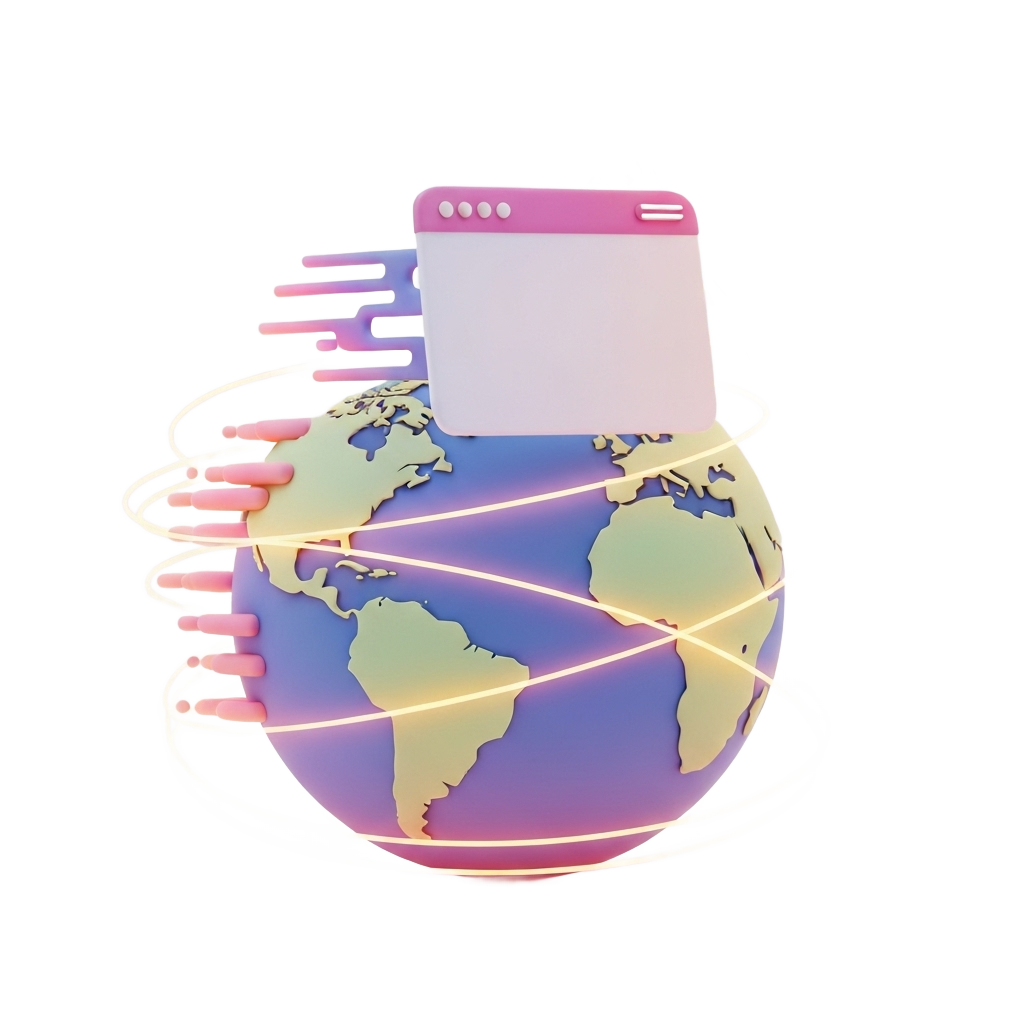 3D illustration showing a globe with speed trails and a floating browser window representing global speed