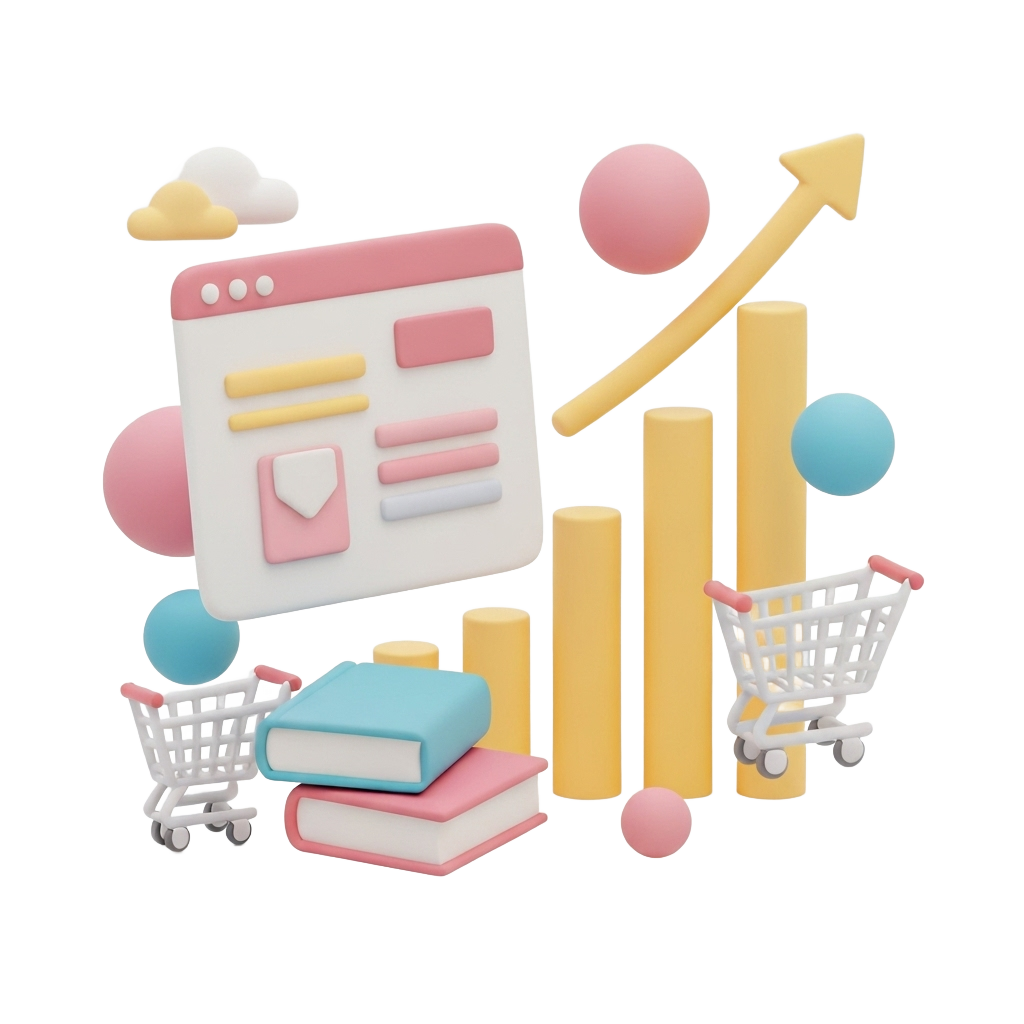 3D illustration showing books, shopping carts, and growth arrows representing sales and audience growth