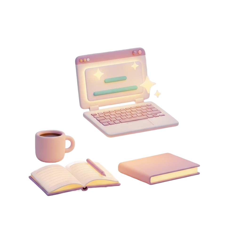 3D illustration showing a relaxed writer's desk with automated website updates and creative focus