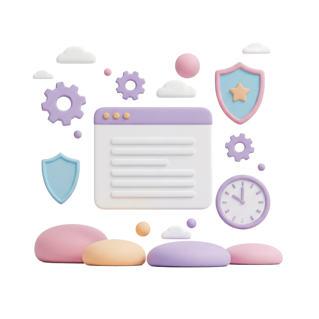 3D illustration showing a peaceful, self-sustaining website with floating gears and security shield