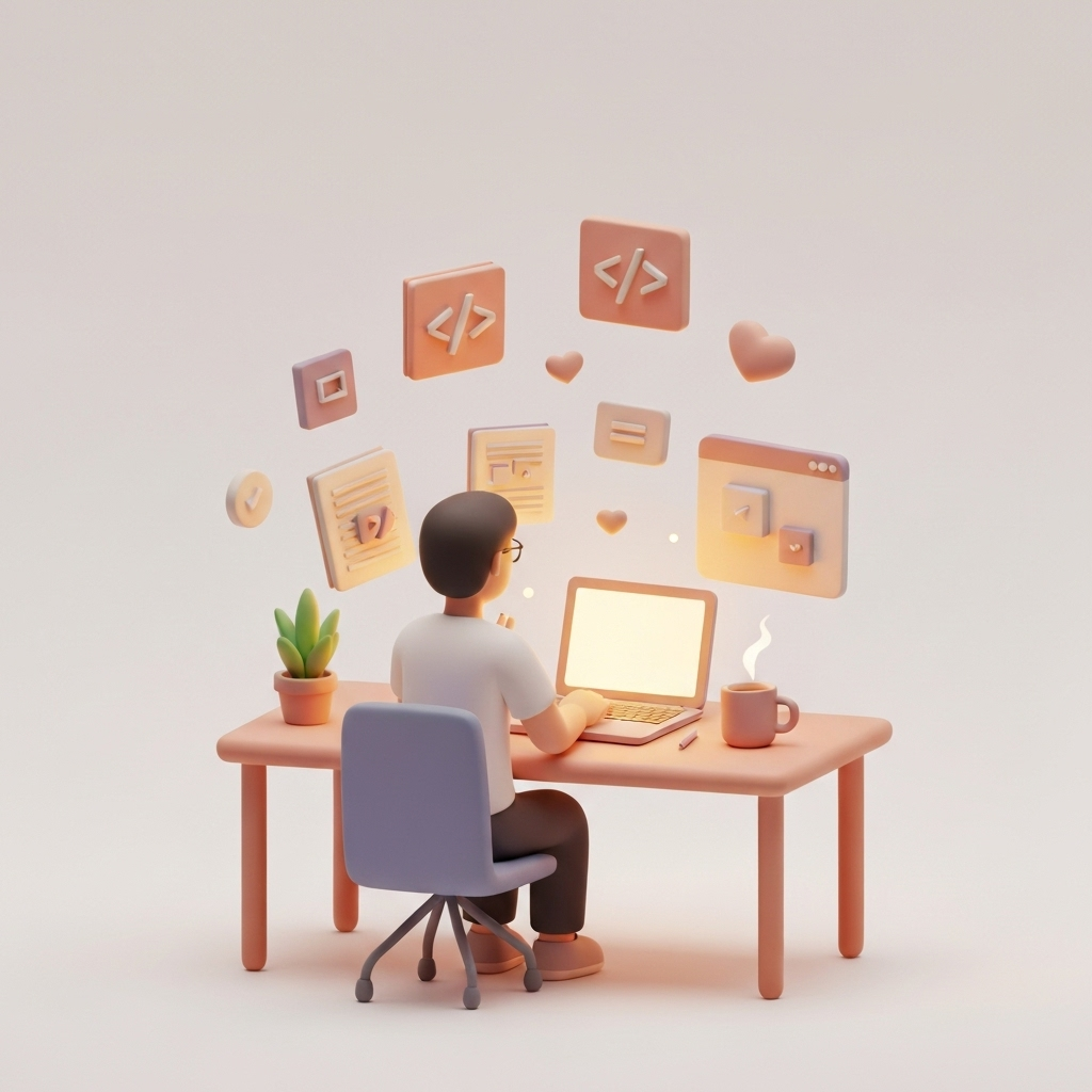 Indie developer working at desk with coding icons floating around