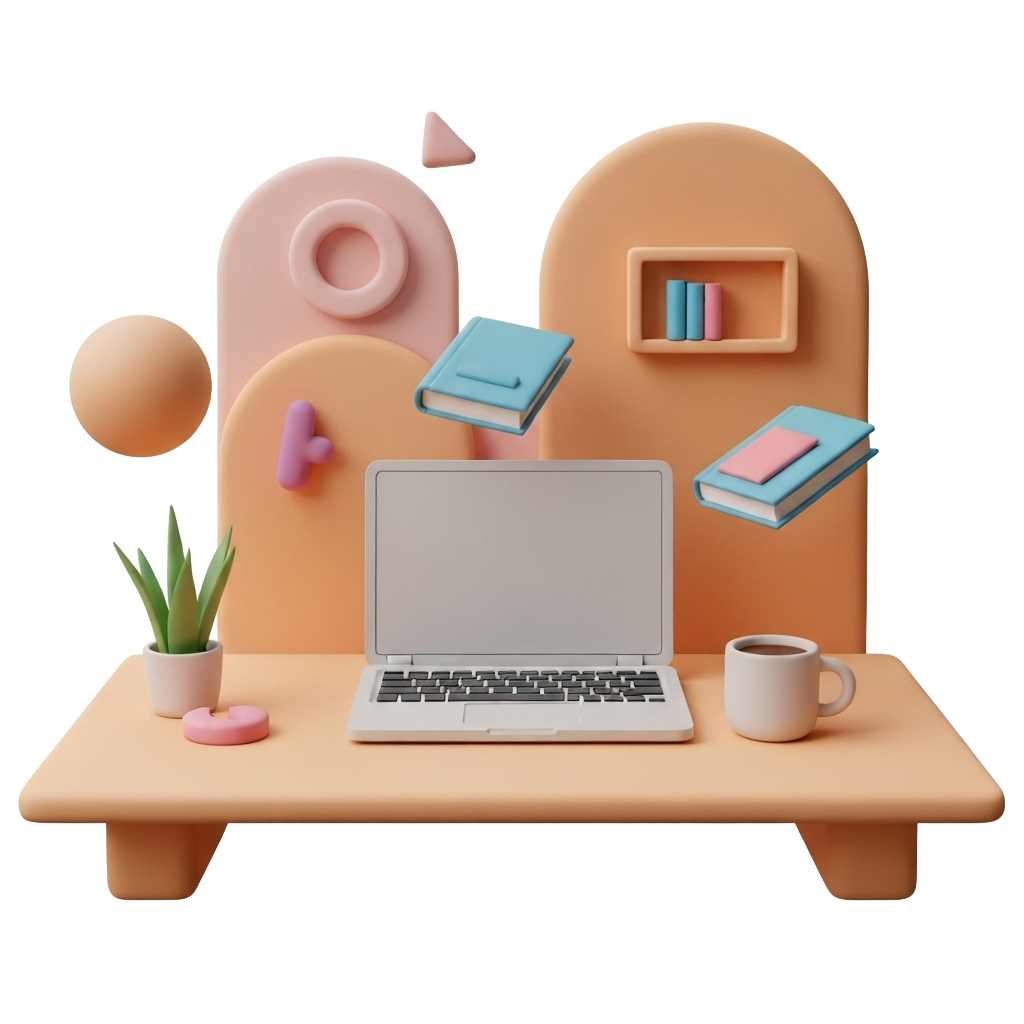 Cozy writing setup with laptop, floating books, and creative workspace